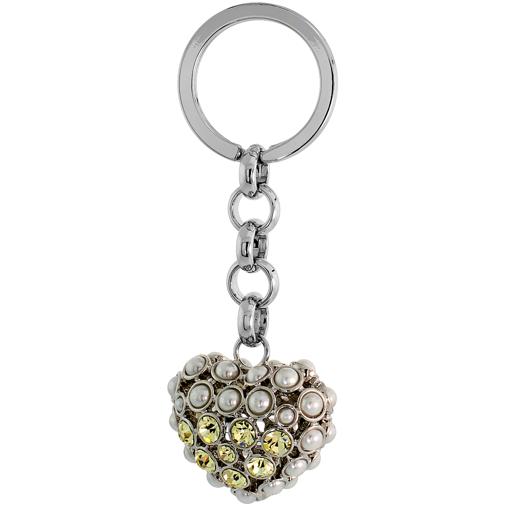 Sabrina Silver Puffed Heart Key Chain Crystal Key Ring for Women Swarovski Elements Beads Yellow Topaz color 3 1/2 inches long