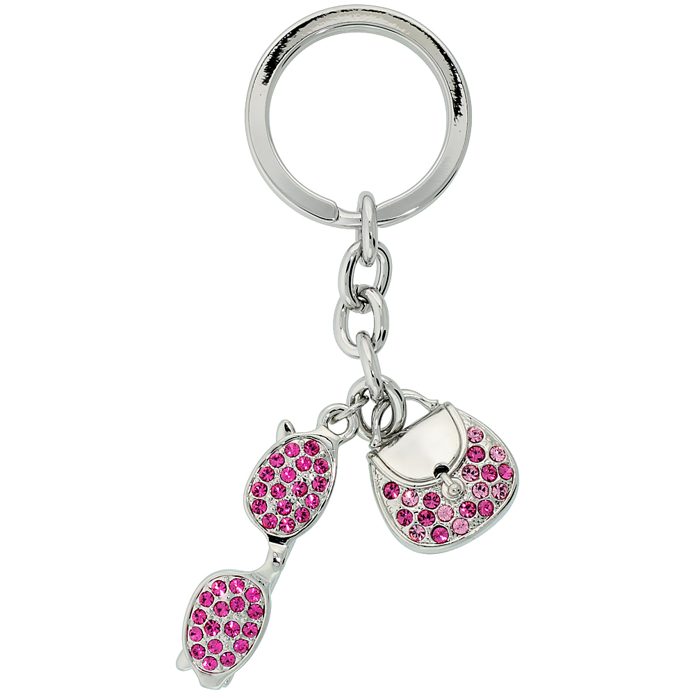 Sabrina Silver Purse & Sunglasses Key Chain Crystal Key Ring for Women Swarovski Elements Pink Topaz color 4 inches long