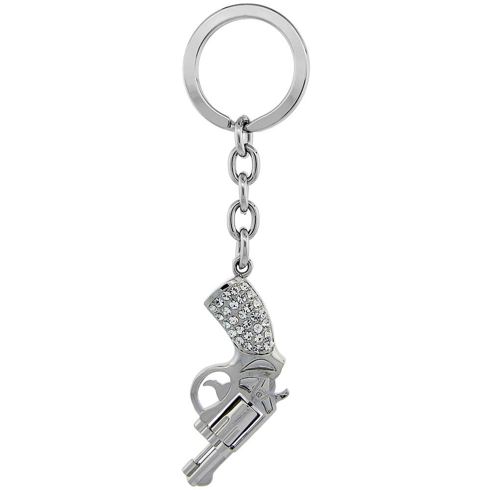 Sabrina Silver Pistol Gun Key Chain Crystal Key Ring for Women Swarovski Elements 4 1/4 inches long
