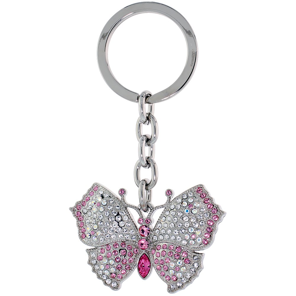 Sabrina Silver Large Butterfly Key Chain Crystal Key Ring for Women Swarovski Elements Clear Pink Topaz color 3 1/2 inches long