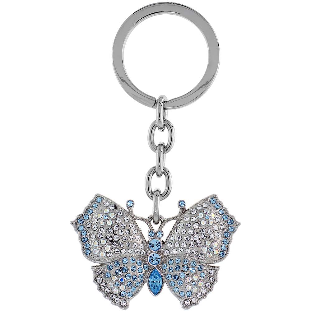 Sabrina Silver Large Butterfly Key Chain Crystal Key Ring for Women Swarovski Elements Clear Blue Topaz color 3 1/2 inches long