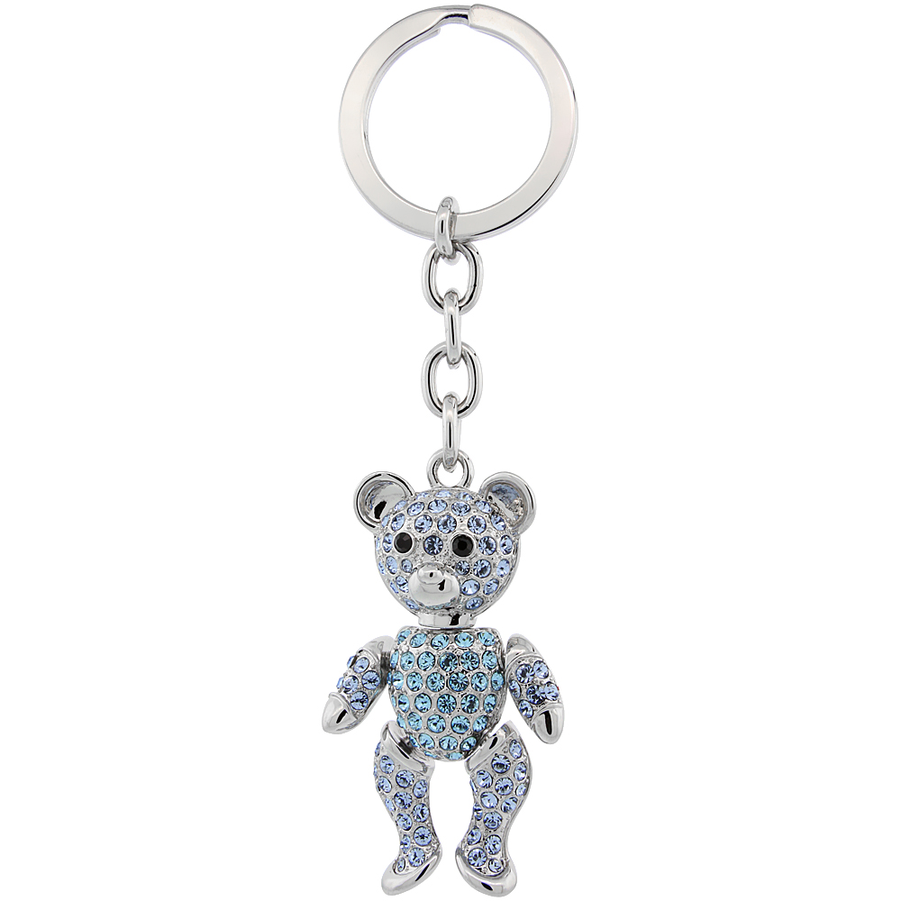 Sabrina Silver Movable Teddy Bear Key Chain Crystal Key Ring for Women Swarovski Elements Blue Topaz Color 4 1/2 inches long