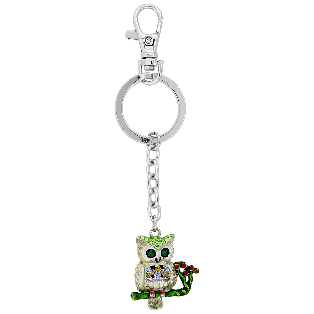 Sabrina Silver Owl Key Chain Crystal Key Ring for Women Swarovski Elements Multi color 3 1/2 inches long