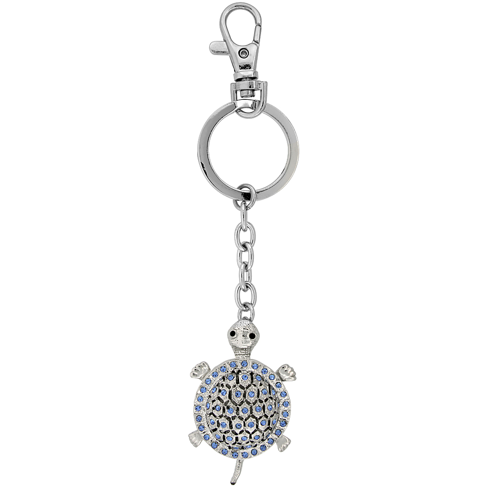 Sabrina Silver Turtle Key Chain Crystal Key Ring for Women Swarovski Elements Blue Topaz color 4 1/4 inches long