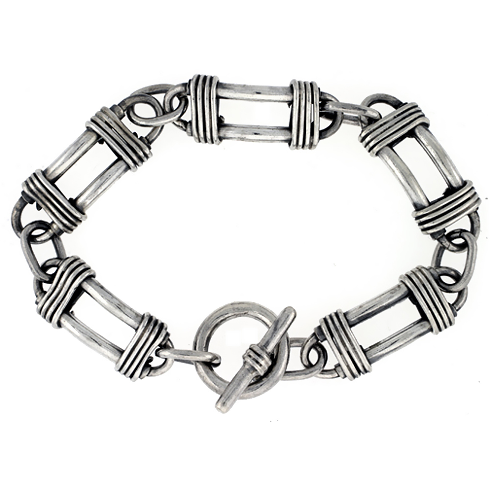 10mm Sterling Silver Wire Wrapped Bar Link Bracelet for Men Toggle Clasp Solid Heavy Handmade sizes 8, 8.5 &amp; 9 inch