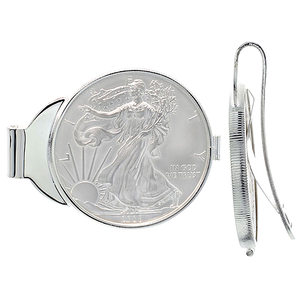 Sterling Silver American Eagle Money Clip Spring Back 1 oz. Silver Dollar Coin Included