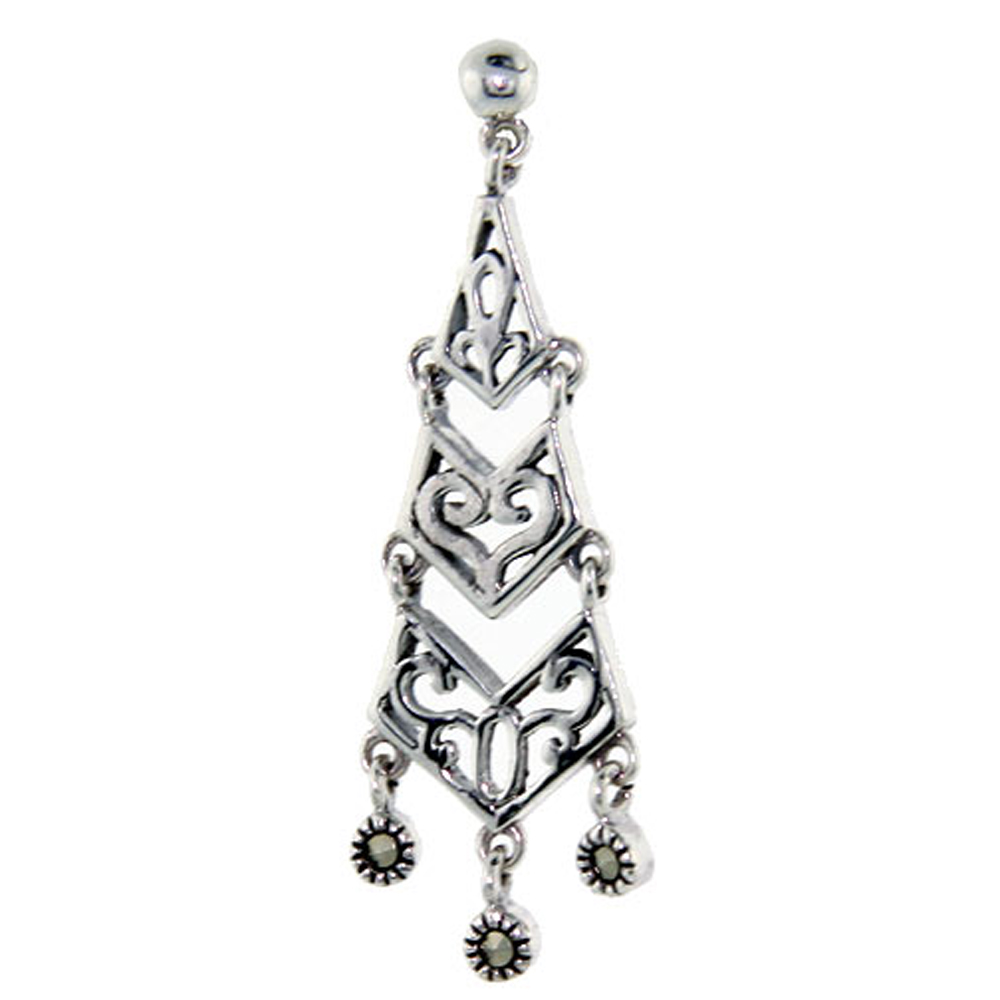 Sterling silver Marcasite chandelier Dangle Drop Earrings 3 Tiered Chevron 1 3/4 inch long