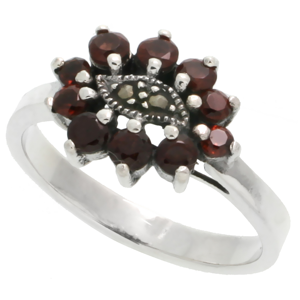 Sterling Silver Marcasite Freeform Ring, w/ Brilliant Cut Natural Garnet, 1/2&quot; (13 mm) wide