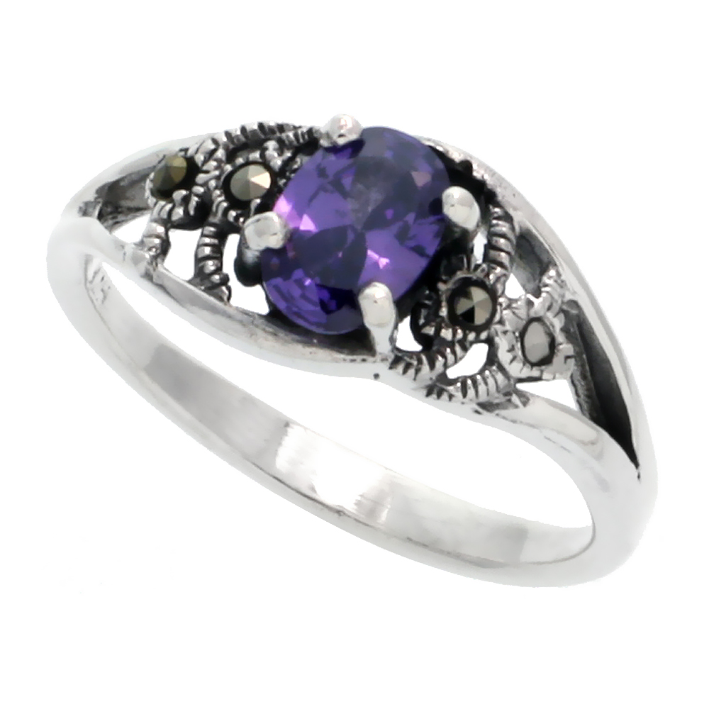 Sterling Silver Marcasite Freeform Ring, w/ Oval Cut Amethyst CZ, 3/8" (10 mm) wide