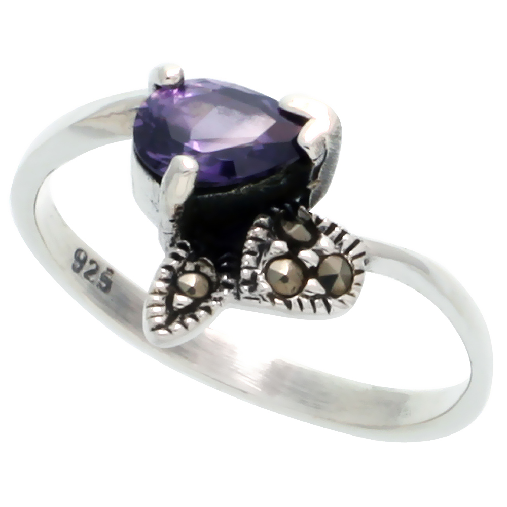 Sterling Silver Marcasite Freeform Ring, w/ Pear Cut Amethyst CZ, 7/16" (11 mm) wide