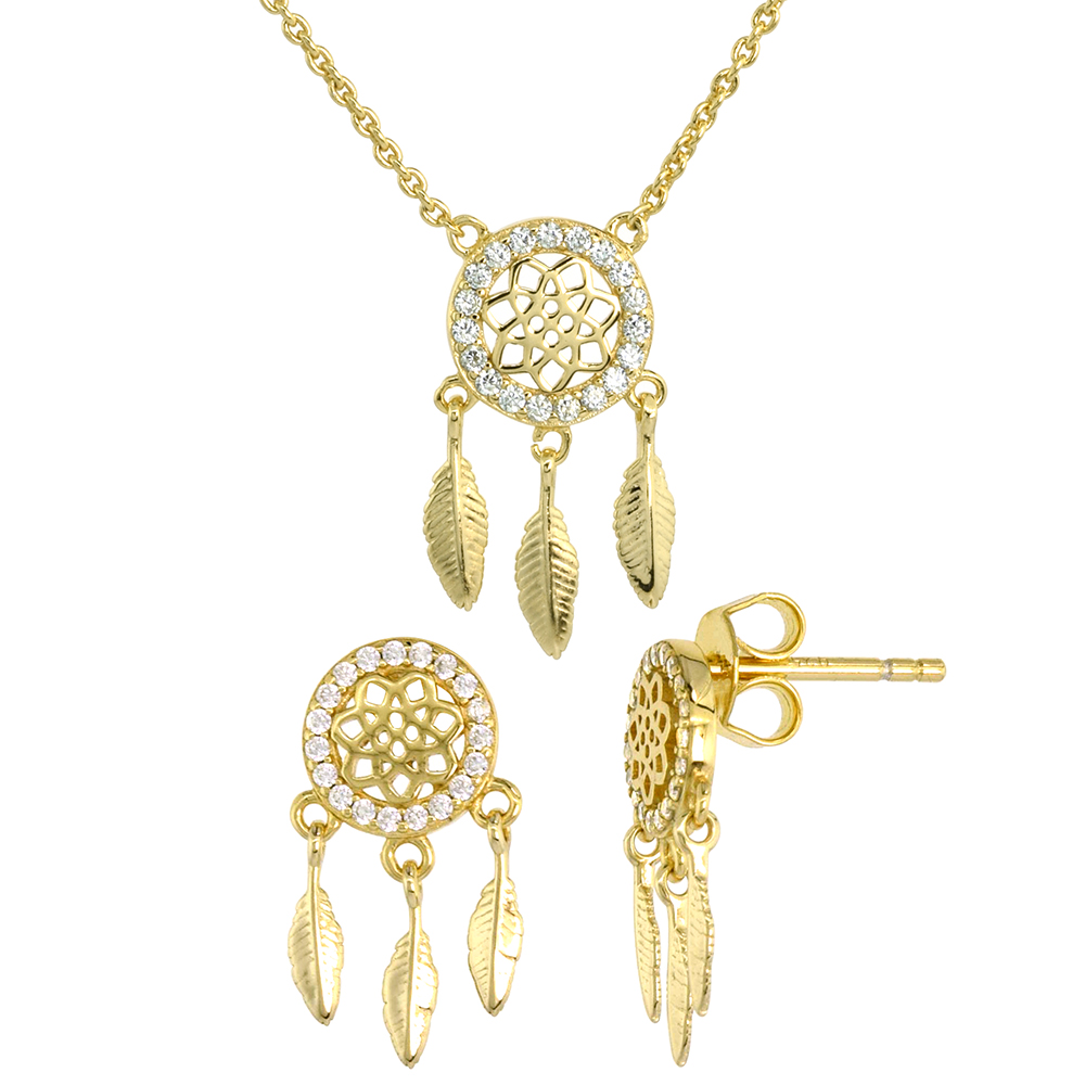 Dainty Sterling Silver Dream Catcher Earrings Necklace Set White CZ Micropave Gold Plated 7/8 inch (21mm) tall