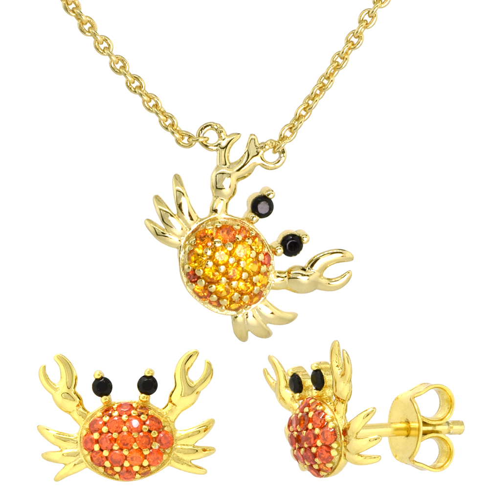 Dainty Sterling Silver Cancer Crab Earrings Necklace Set Orange CZ Micropave Gold Plated 5/8 inch (17mm) tall