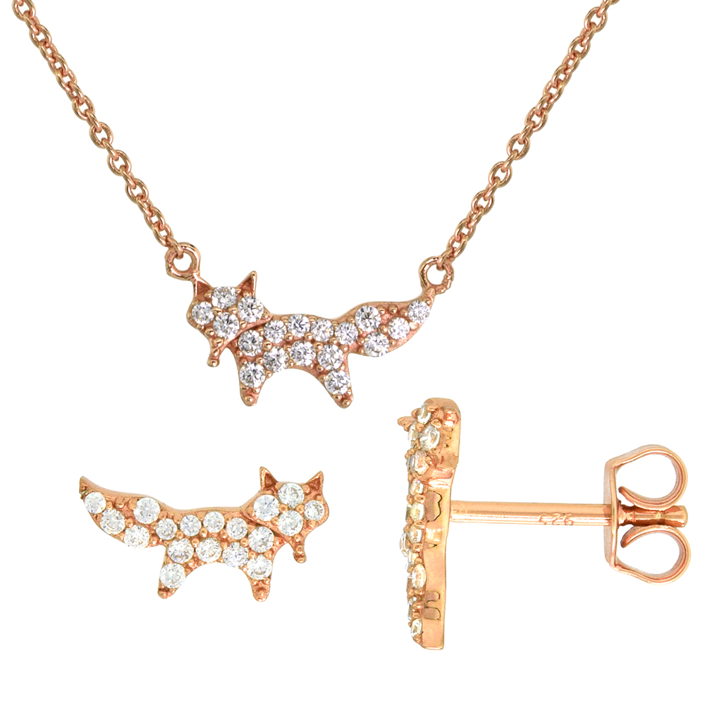 Dainty Sterling Silver Fox Earrings Necklace Set White CZ Micropave Rose Gold Plated 5/8 inch (15mm) wide