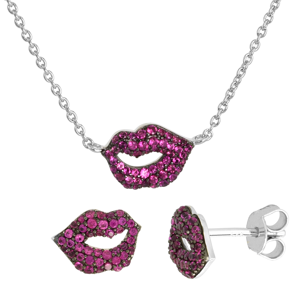 Dainty Sterling Silver Purple Lips Earrings Necklace Set Violet CZ Micropave Rhodium Plated 3/8 inch (11mm) wide
