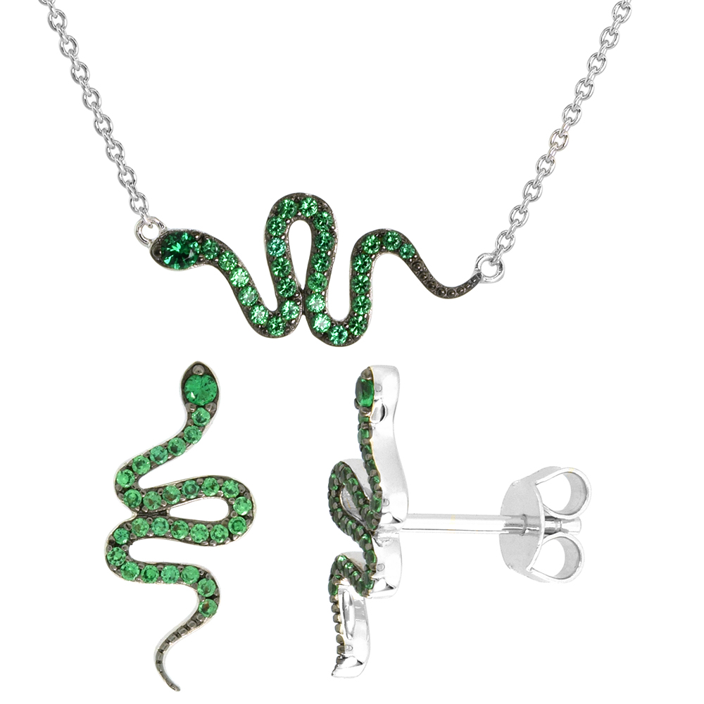 Dainty Sterling Silver Snake Earrings Necklace Set Green CZ Micropave Rhodium Plated 7/8 inch (22mm) wide