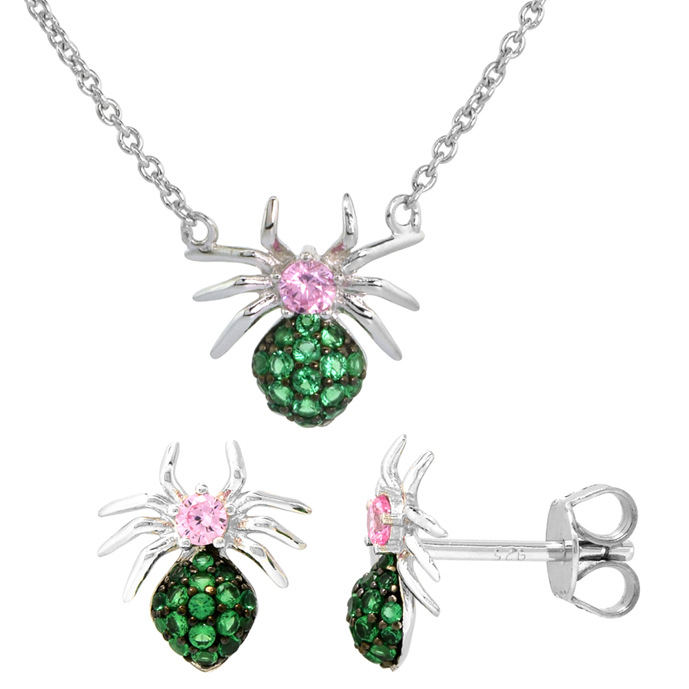 Dainty Sterling Silver Spider Earrings Necklace Set Green and Pink CZ Micropave Rhodium Plated 1/2 inch (13mm) tall