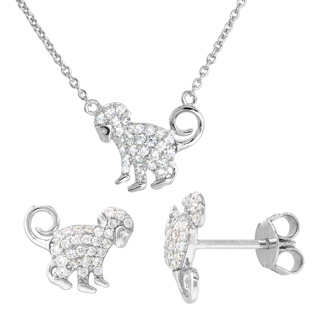 Dainty Sterling Silver Monkey Earrings Necklace Set White CZ Micropave Rhodium Plated 1/2 inch (13mm) tall ?