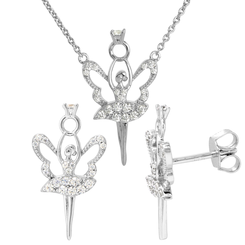 Dainty Sterling Silver Ballerina Earrings Necklace Set White CZ Micropave Rhodium Plated 1 inch (26mm) tall