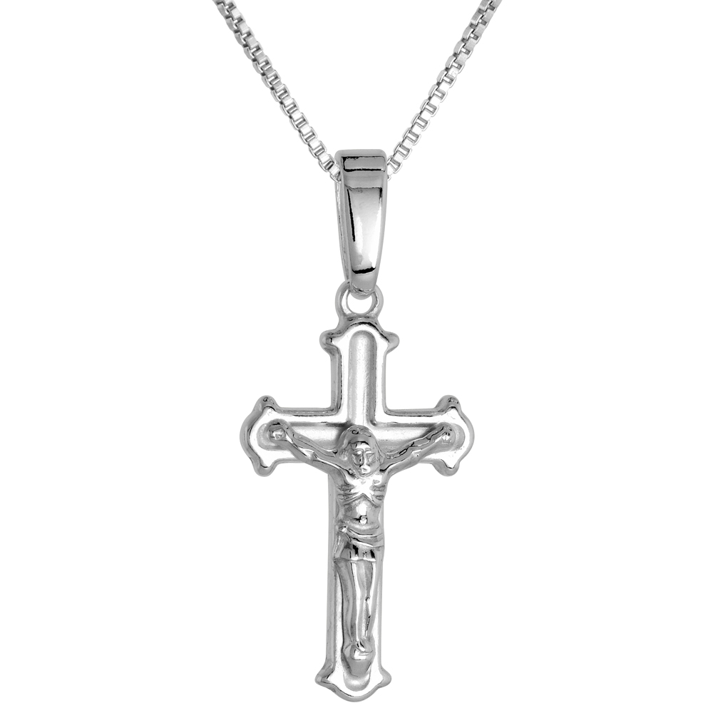 7/8 inch Sterling Silver Dainty Crucifix Necklace for Women and Men Solid Back Flawless High Polished Finish 0.8mm Box_Chain