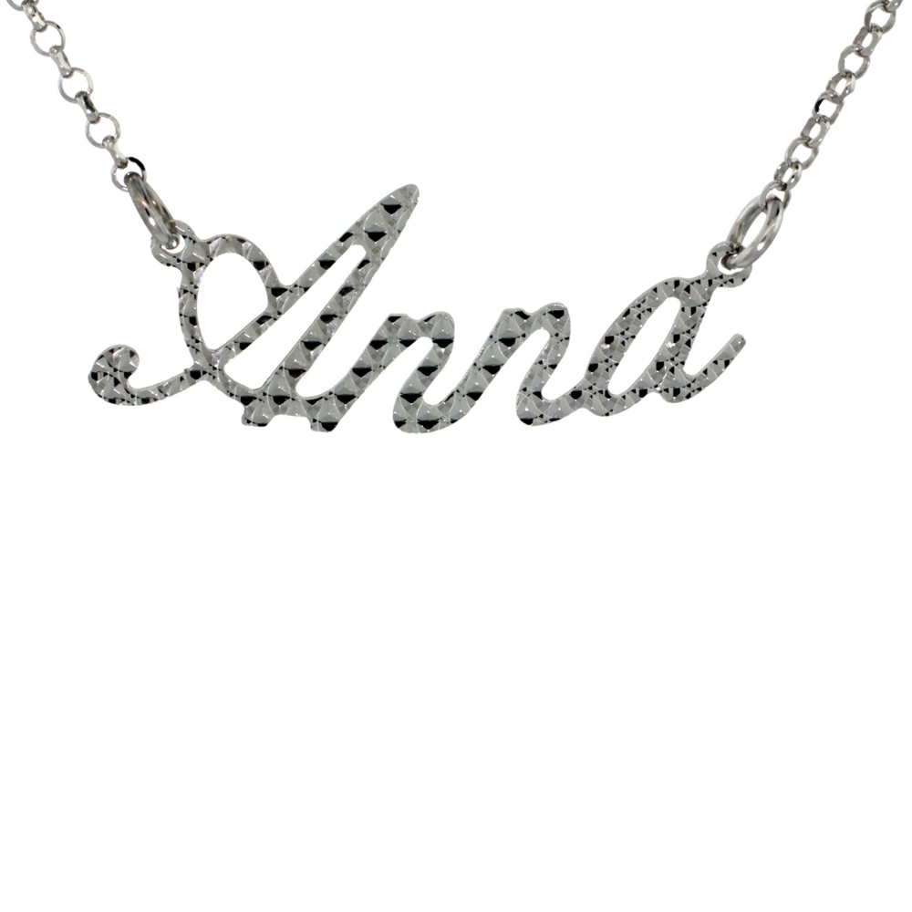 Sterling Silver Name Necklace Anna Diamond Cut Platinum Coated Italy, about 3/4 Inch wide 16 Inches + 2 inch extension