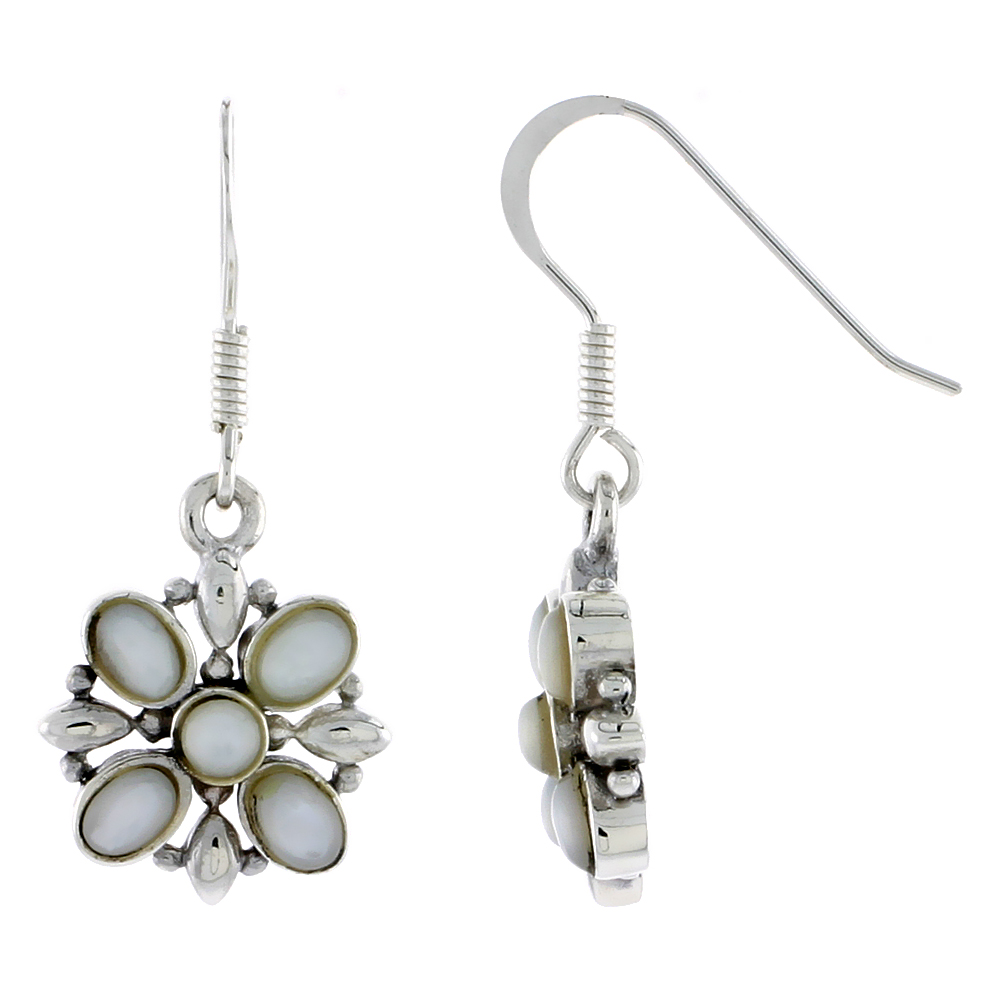 Sterling Silver Flower Earrings, w/ 3mm Round &amp; Four 4 x 3 mm Oval-shaped Mother of Pearls, 9/16&quot; (15 mm) tall