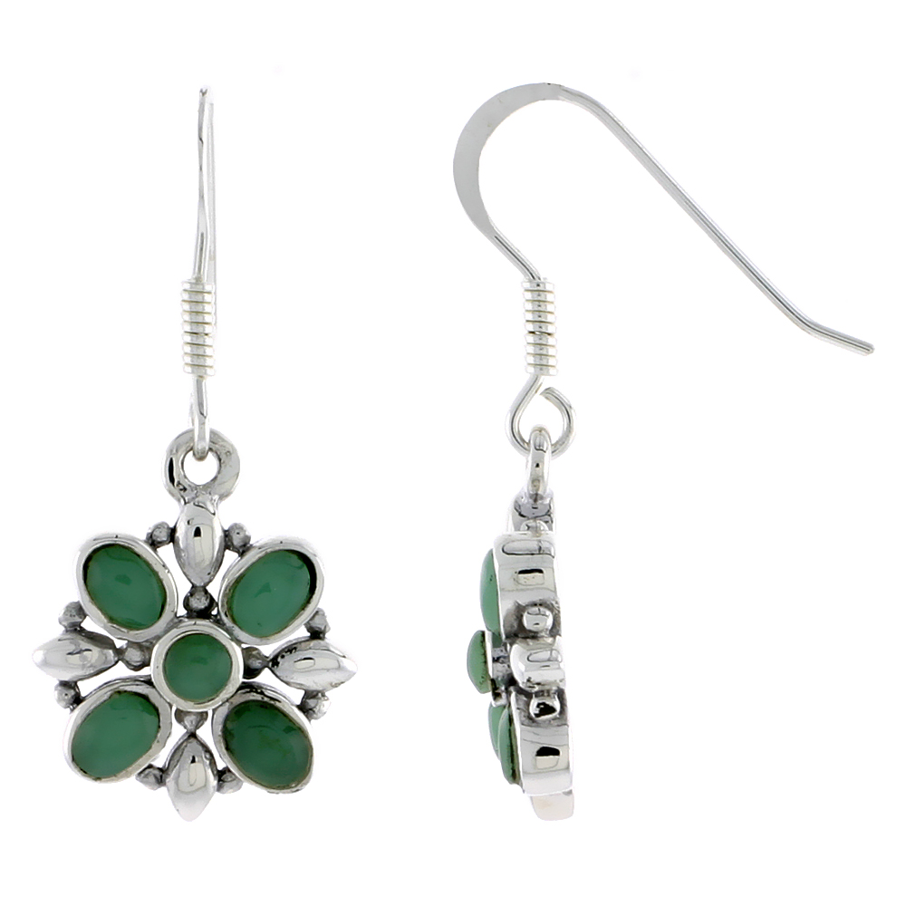 Sterling Silver Flower Earrings, w/ 3mm Round & Four 4 x 3 mm Oval-shaped Green Resin, 9/16" (15 mm) tall