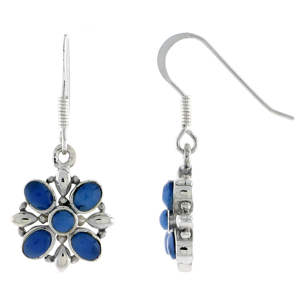 Sterling Silver Flower Earrings, w/ 3mm Round & Four 4 x 3 mm Oval-shaped Blue Resin, 9/16" (15 mm) tall