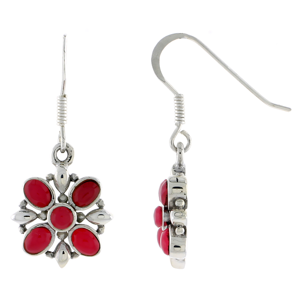 Sterling Silver Flower Earrings, w/ 3mm Round & Four 4 x 3 mm Oval-shaped Red Resin, 9/16" (15 mm) tall