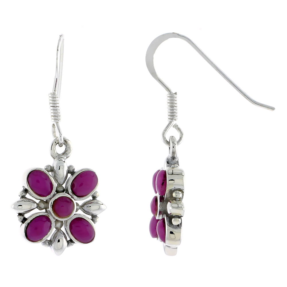 Sterling Silver Flower Earrings, w/ 3mm Round & Four 4 x 3 mm Oval-shaped Purple Resin, 9/16" (15 mm) tall