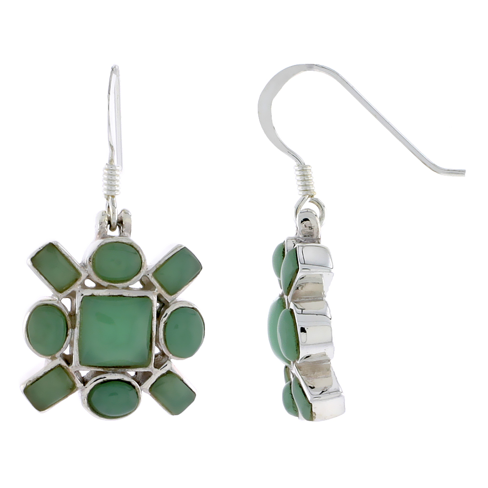 Sterling Silver Hook Earrings, w/ 6mm Square, Four 4 x 3 mm Oval &amp; Four 4 x 2 mm Rectangular Green Resin, 5/8&quot; (16 mm) tall