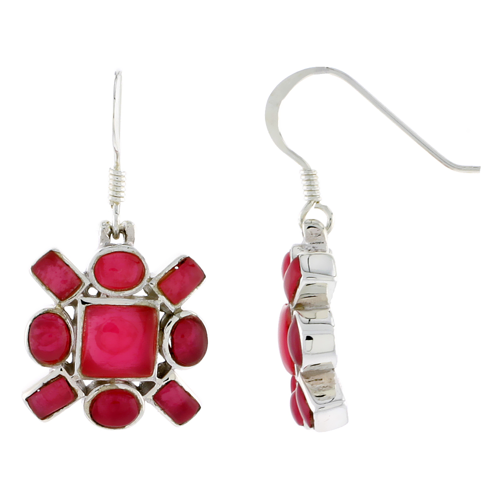 Sterling Silver Hook Earrings, w/ 6mm Square, Four 4 x 3 mm Oval & Four 4 x 2 mm Rectangular Red Resin, 5/8" (16 mm) tall