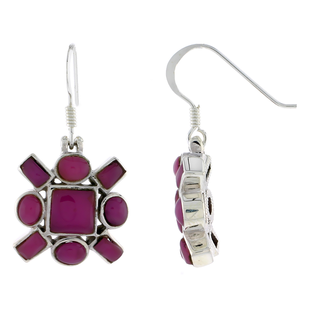 Sterling Silver Hook Earrings, w/ 6mm Square, Four 4 x 3 mm Oval &amp; Four 4 x 2 mm Rectangular Purple Resin, 5/8&quot; (16 mm) tall