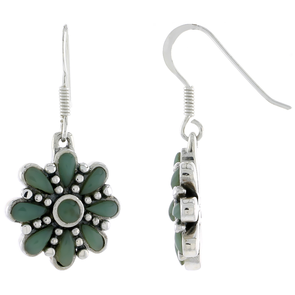 Sterling Silver Round & Teardrop Green Resin Dangling Earrings, 3/4 inch long