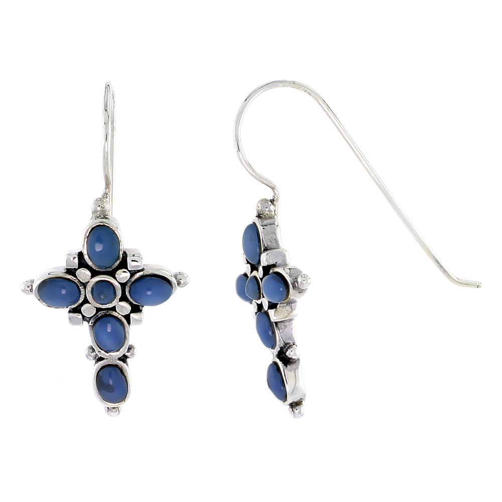 Sterling Silver Oxidized Cross Earrings, w/ 2mm Round & Five 4 x 3 mm Oval-shaped Blue Resin, 7/8" (23 mm) tall