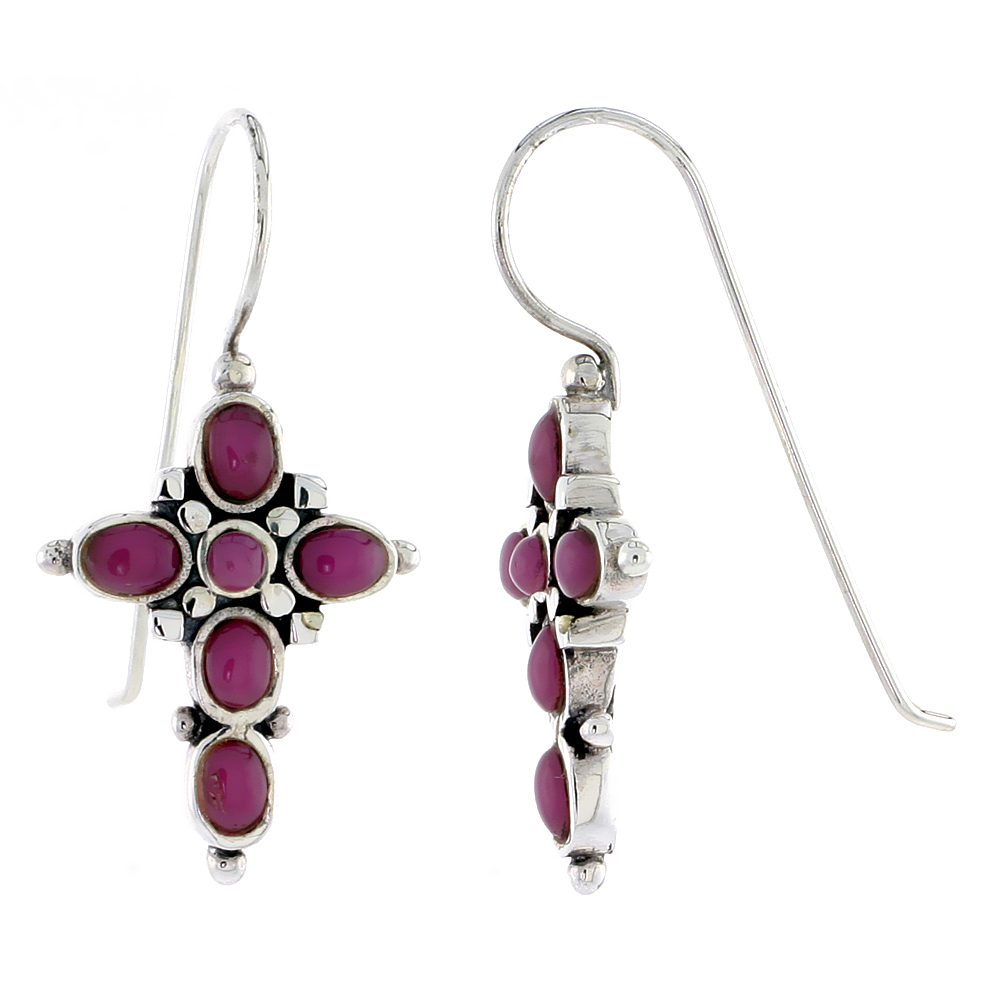 Sterling Silver Oxidized Cross Earrings, w/ 2mm Round & Five 4 x 3 mm Oval-shaped Purple Resin, 7/8" (23 mm) tall