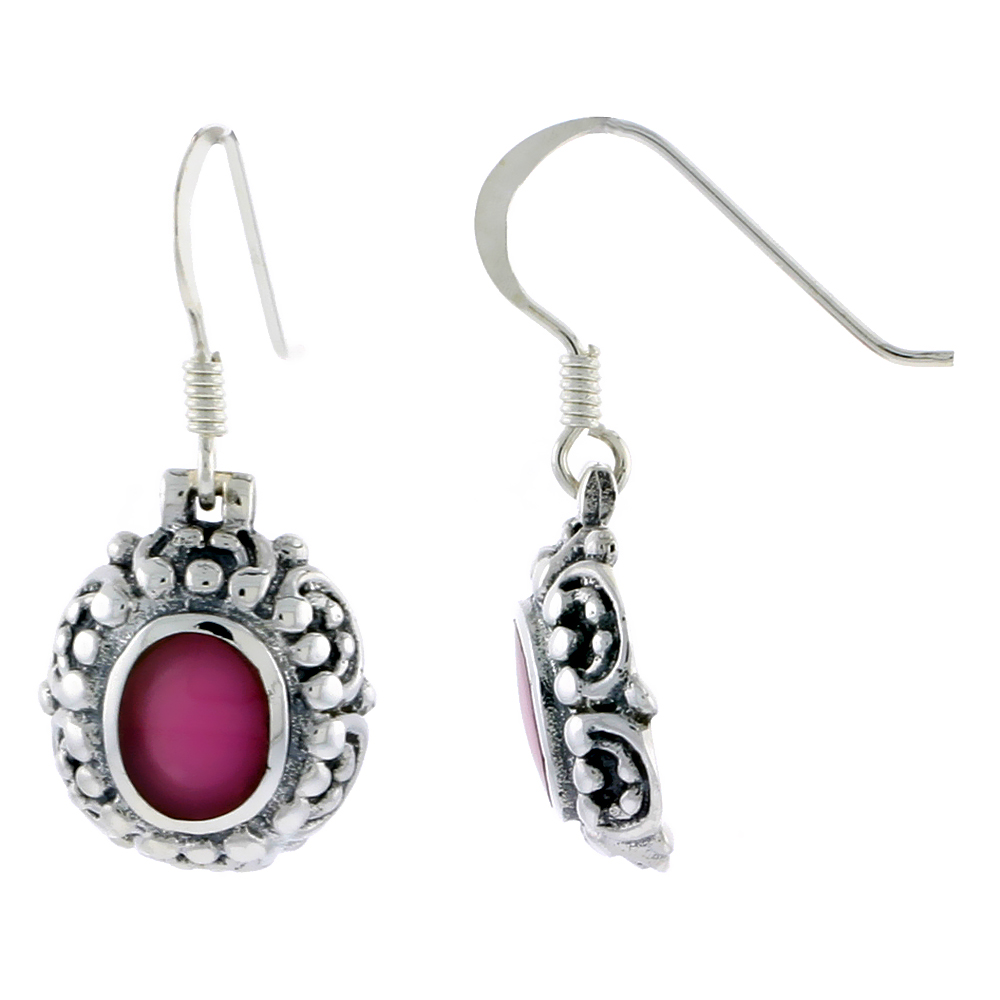 Sterling Silver Oxidized Hook Earrings, w/ 8 x 6 mm Oval-shaped Red Resin, 9/16" (14 mm) tall