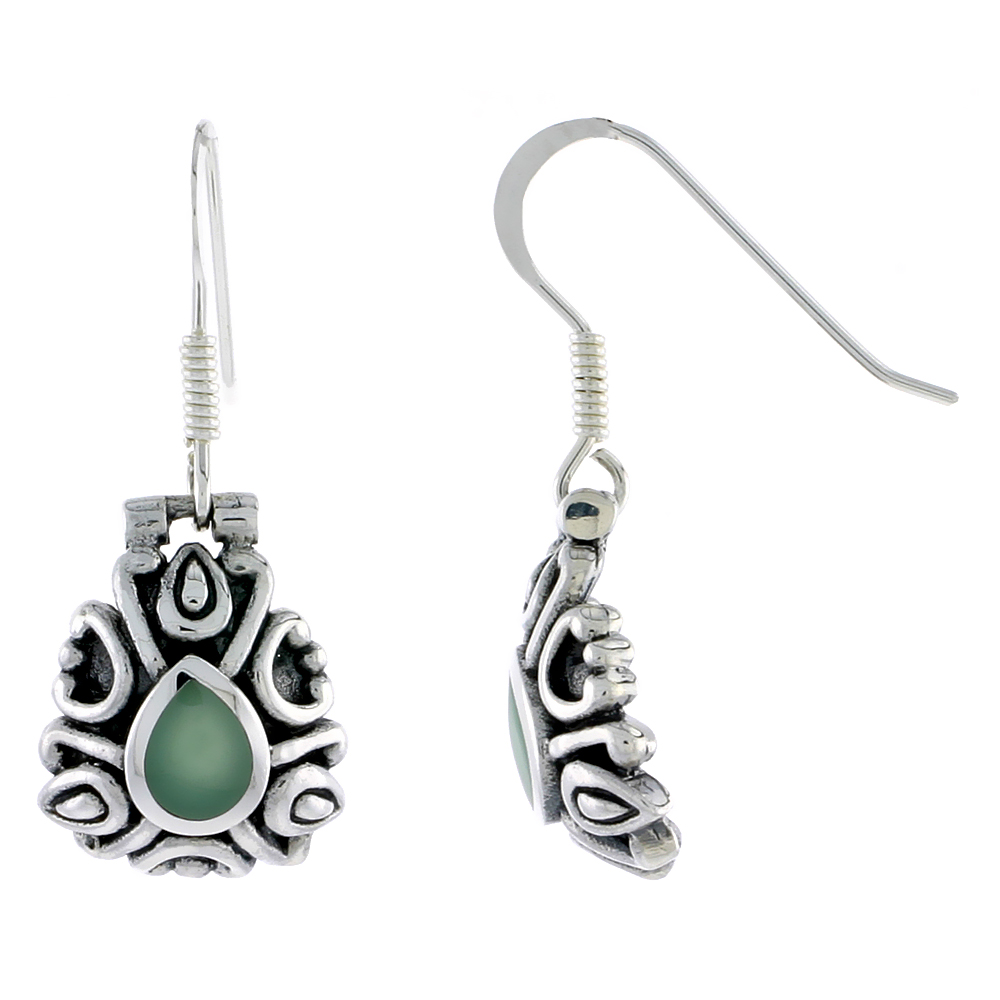 Sterling Silver Oxidized Hook Earrings, w/ 6 x 5 mm Pear-shaped Green Resin, 5/8" (17 mm) tall