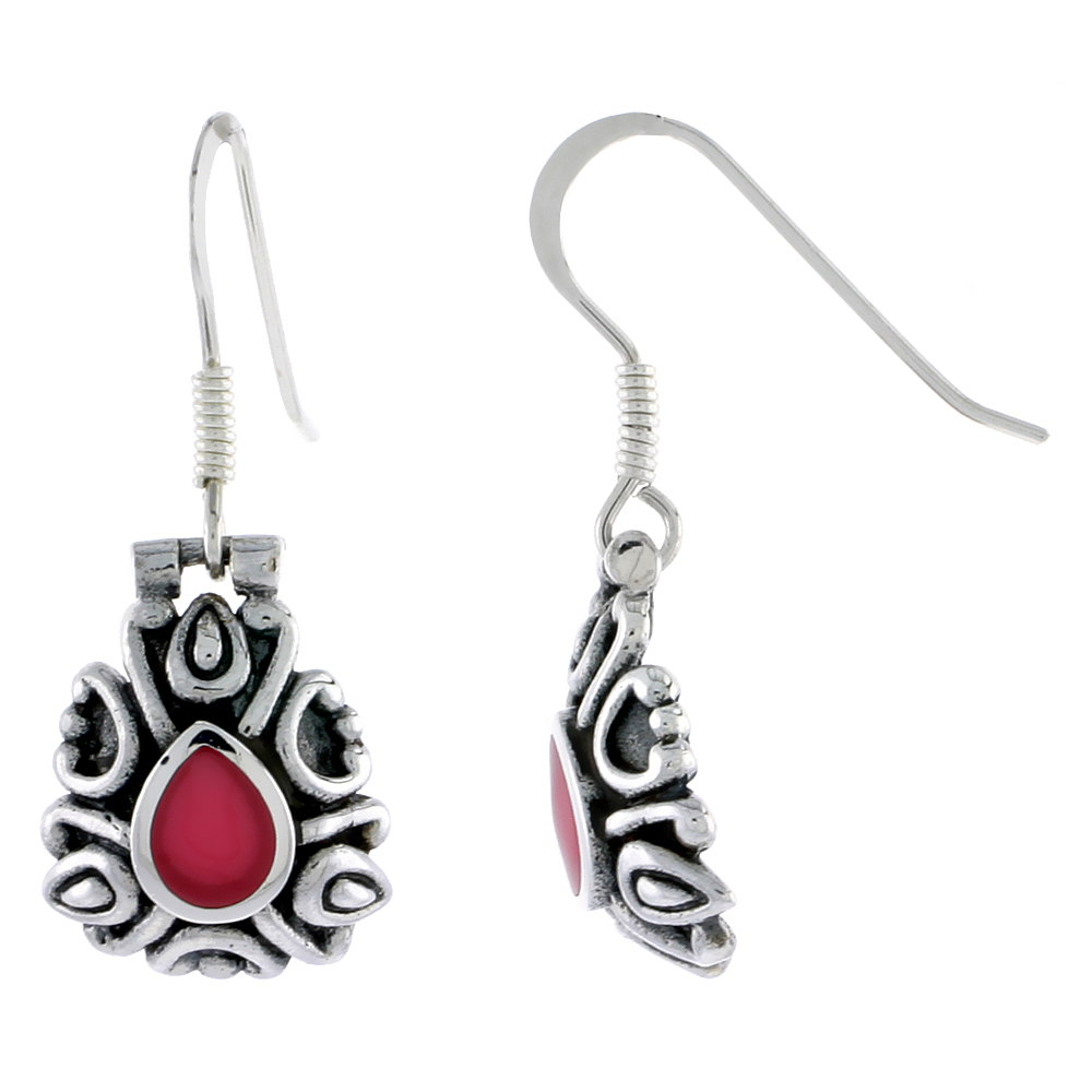 Sterling Silver Oxidized Hook Earrings, w/ 6 x 5 mm Pear-shaped Red Resin, 5/8" (17 mm) tall