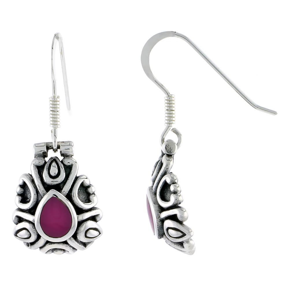 Sterling Silver Oxidized Hook Earrings, w/ 6 x 5 mm Pear-shaped Purple Resin, 5/8&quot; (17 mm) tall