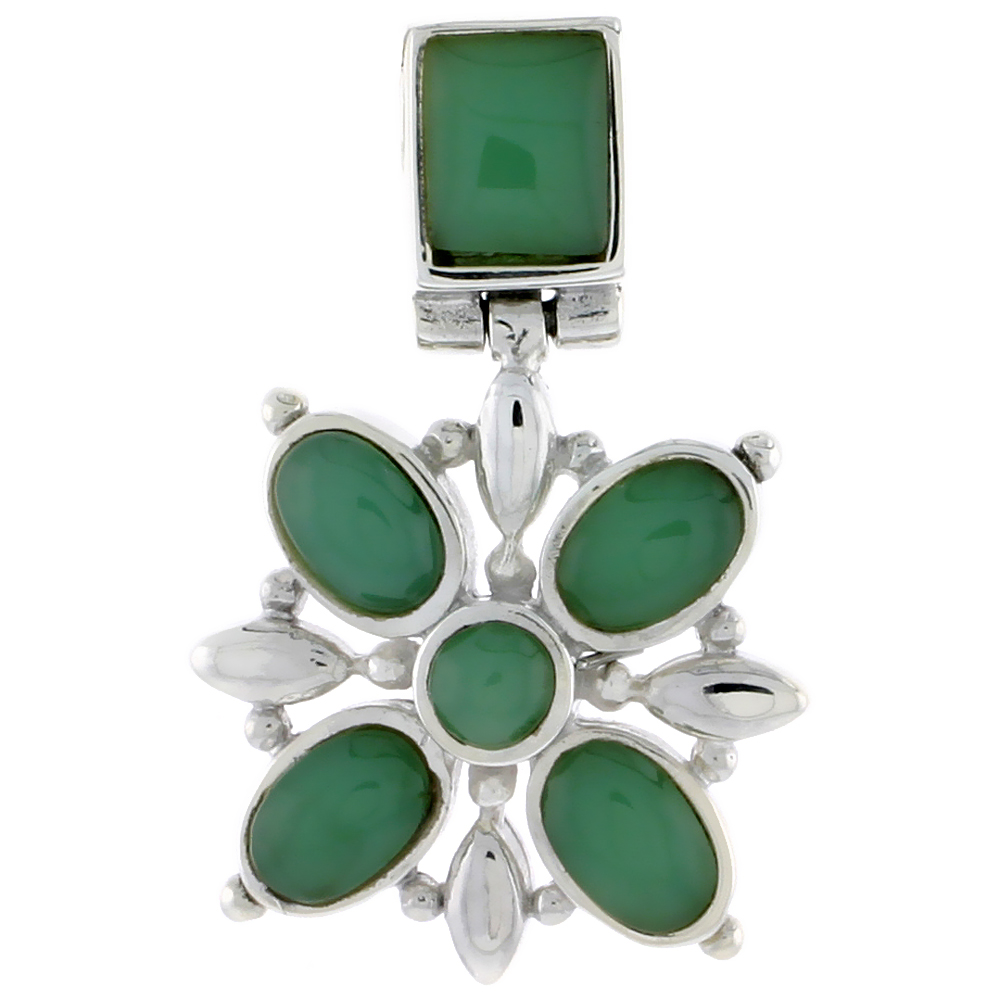 Sterling Silver Flower Pendant, w/ 8 x 6 mm Rectangular, 4mm Round & Four 7 x 5 mm Oval-shaped Green Resin, 13/16" (21 mm) tall