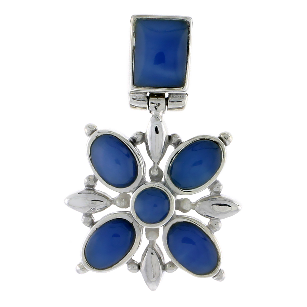 Sterling Silver Flower Pendant, w/ 8 x 6 mm Rectangular, 4mm Round & Four 7 x 5 mm Oval-shaped Blue Resin, 13/16" (21 mm) tall