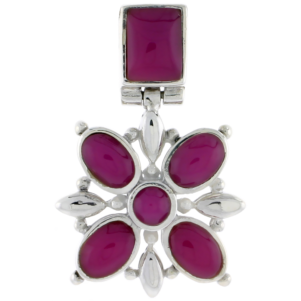 Sterling Silver Flower Pendant, w/ 8 x 6 mm Rectangular, 4mm Round & Four 7 x 5 mm Oval-shaped Purple Resin, 13/16" (21 mm) tall