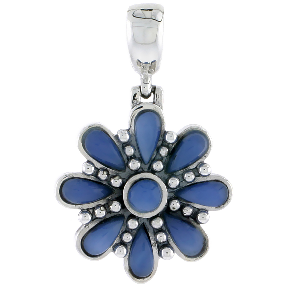 Sterling Silver Oxidized Flower Pendant, w/ 4mm Round &amp; Eight 6 x 3 mm Pear-shaped Blue Resin, 7/8&quot; (22 mm) tall