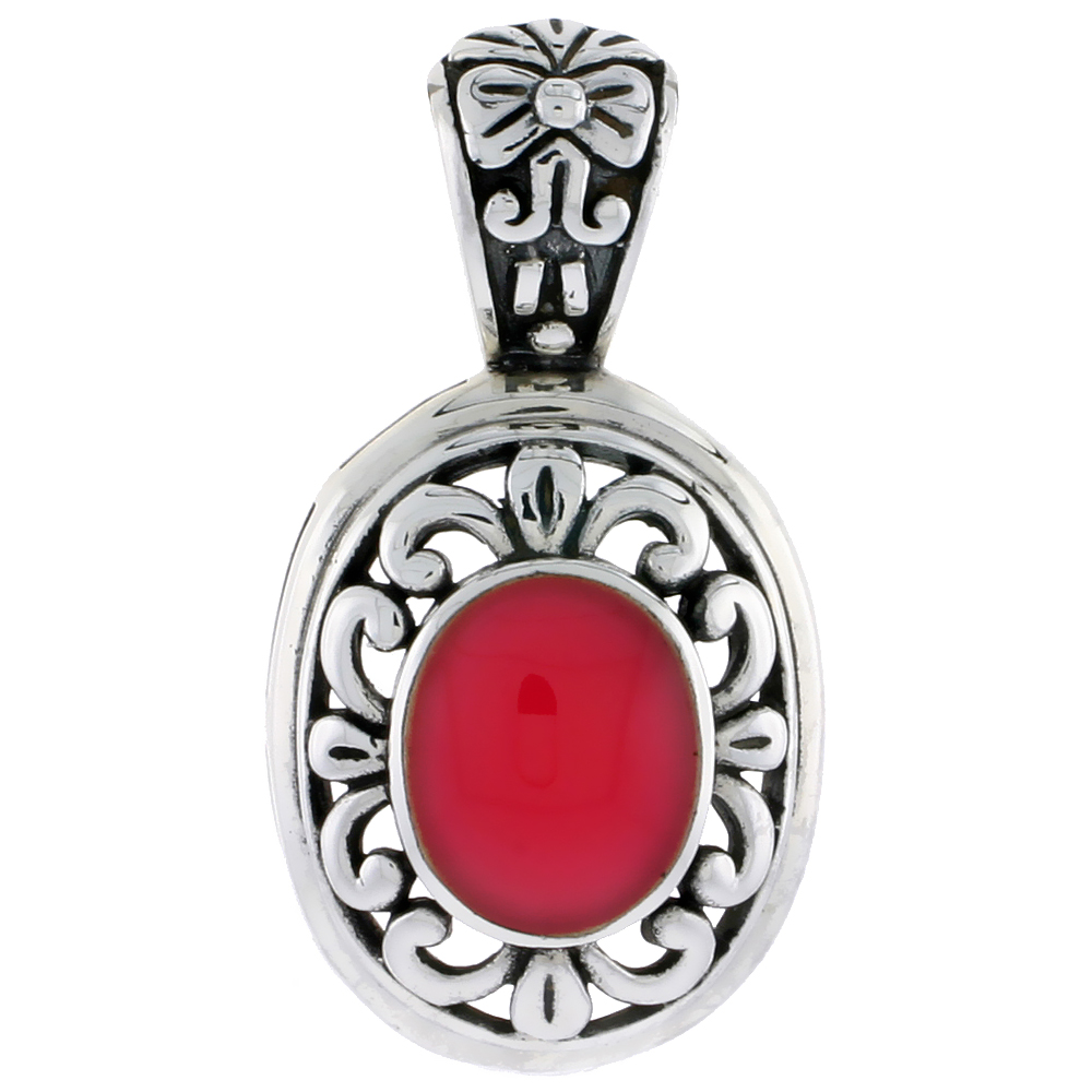 Sterling Silver Oxidized Pendant, w/ 12 x 10 mm Oval-shaped Red Resin, 1 1/2" (38 mm) tall