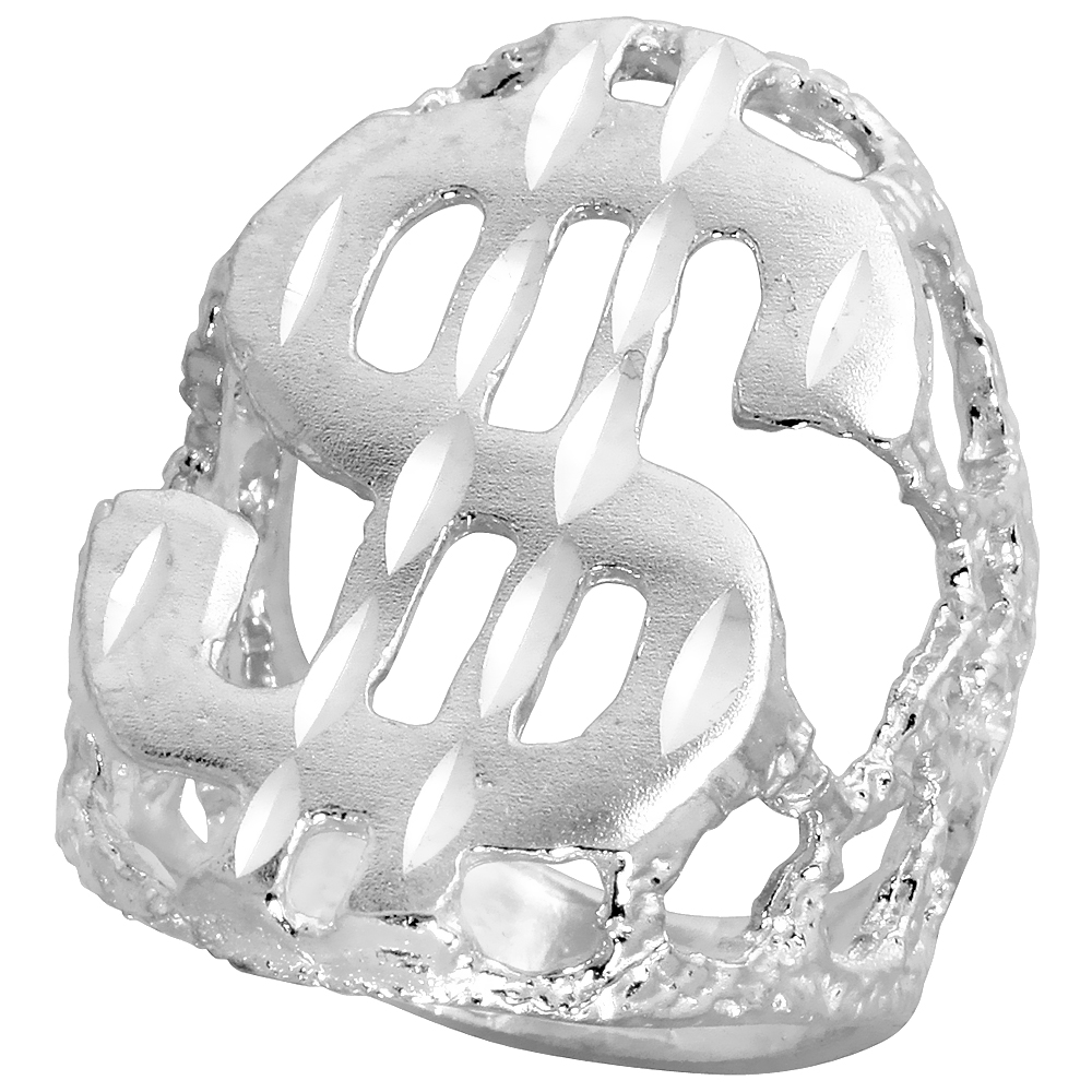 Sterling Silver Dollar Sign Ring Diamond Cut Finish 1 1/4 inch wide, sizes 8 - 13