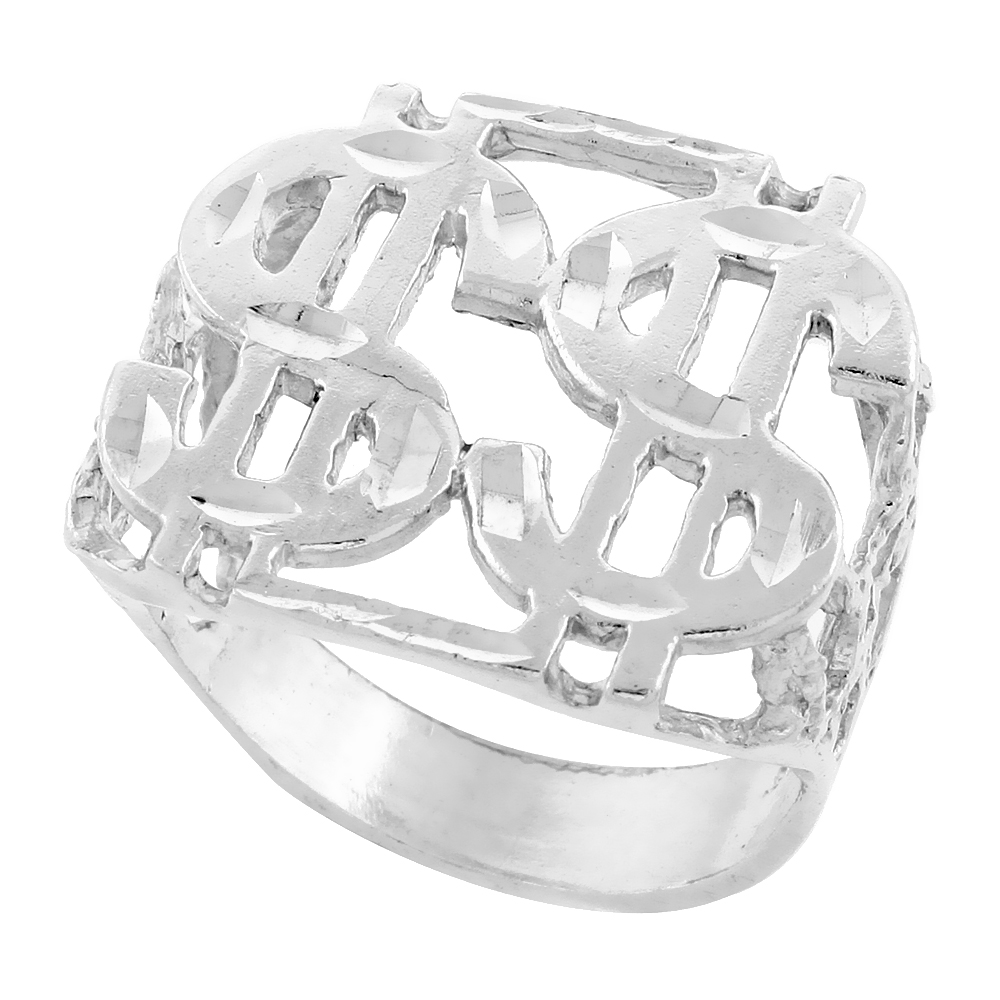 Sterling Silver Double Dollar Sign Ring Diamond Cut Finish 15/16 inch wide, sizes 8 - 13