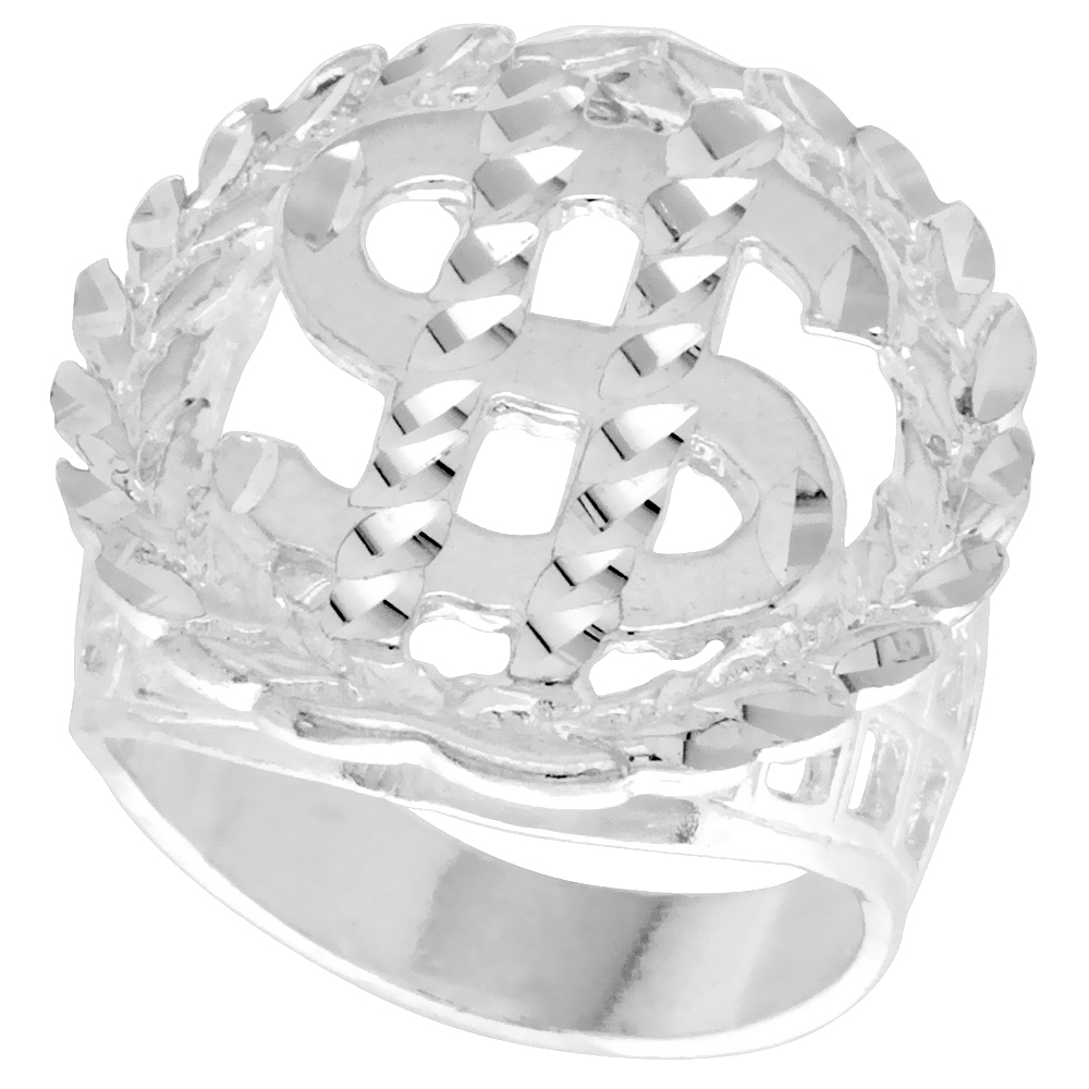 Sterling Silver Dollar Sign Ring Wreath Border Diamond Cut Finish 15/16 inch wide, sizes 8 - 13