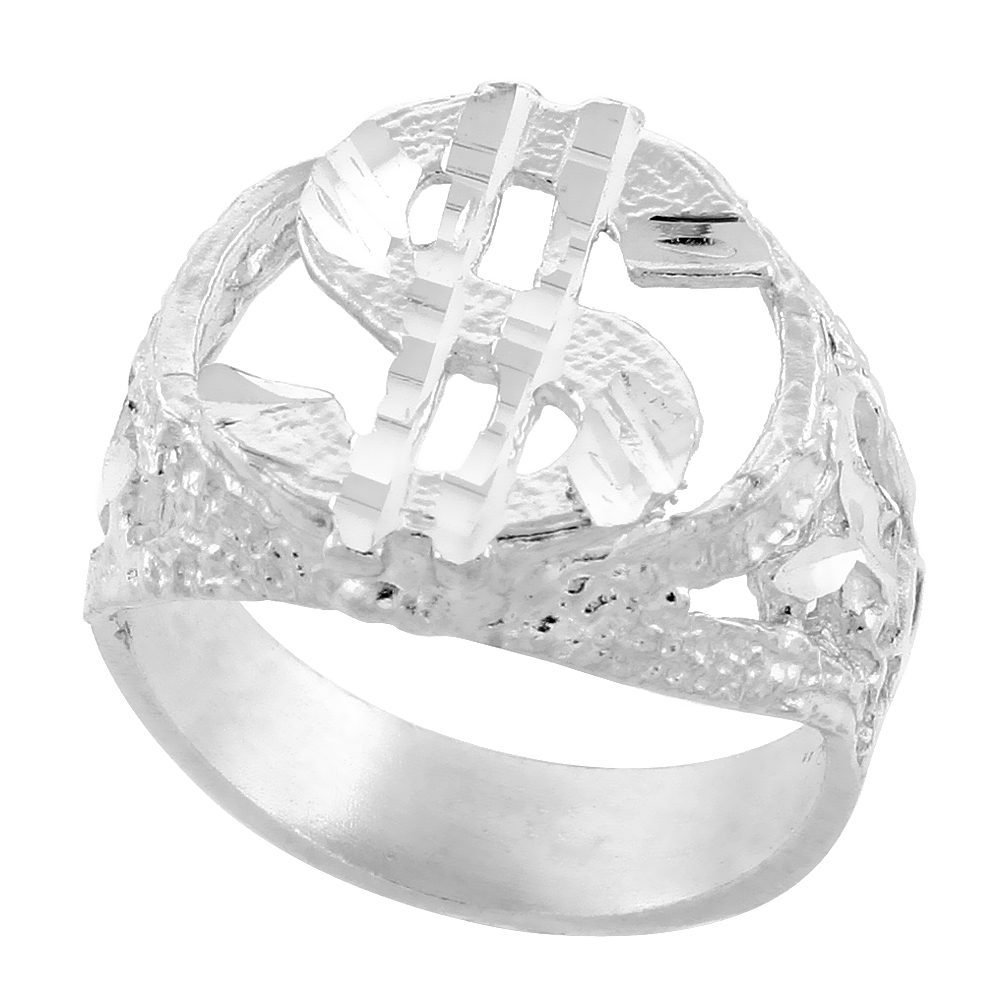 Sterling Silver Nugget Dollar Sign Ring Diamond Cut Finish 3/4 inch wide, sizes 8 - 13