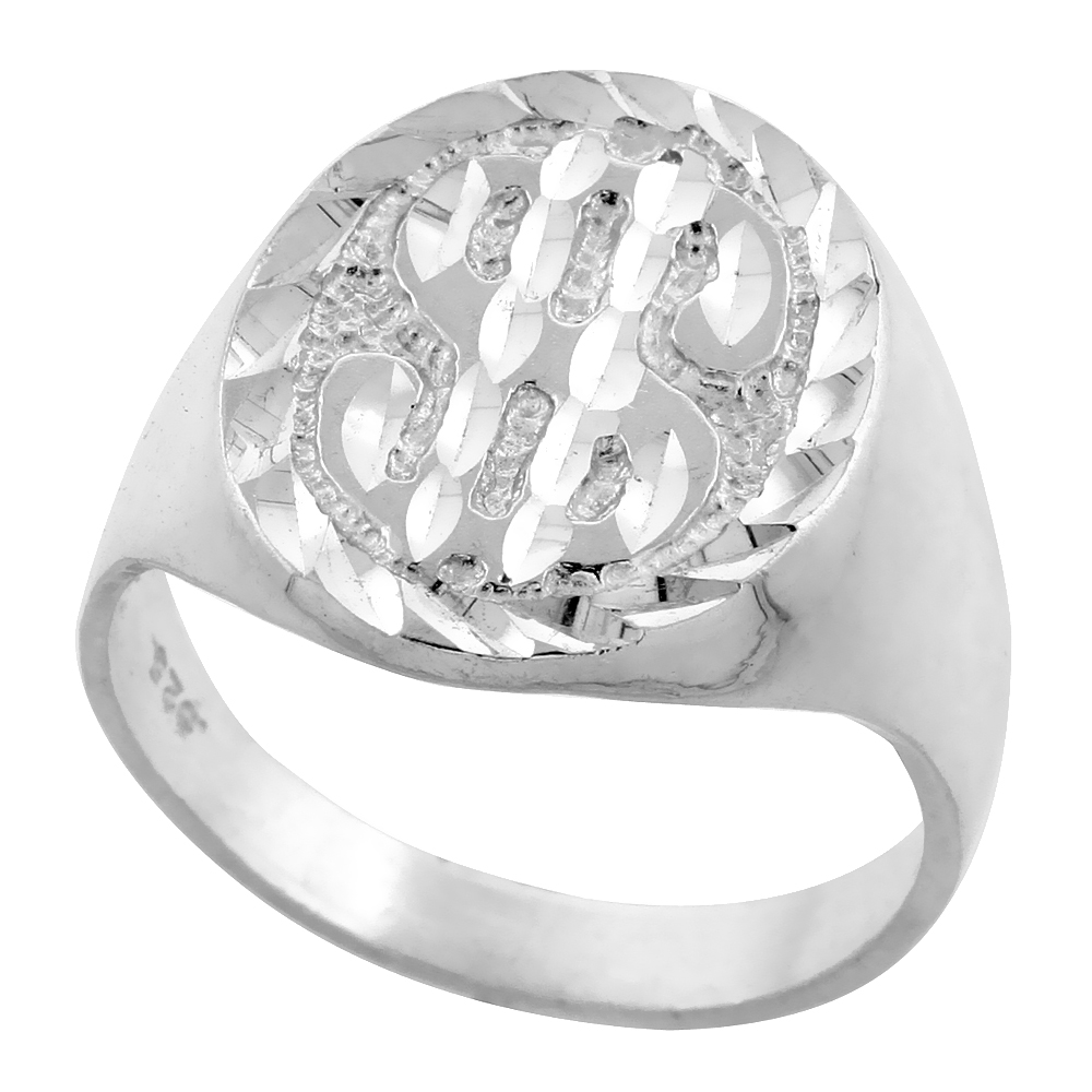 Sterling Silver Nugget Dollar Sign Ring Oval Diamond Cut Finish 3/4 inch wide, sizes 8 - 13