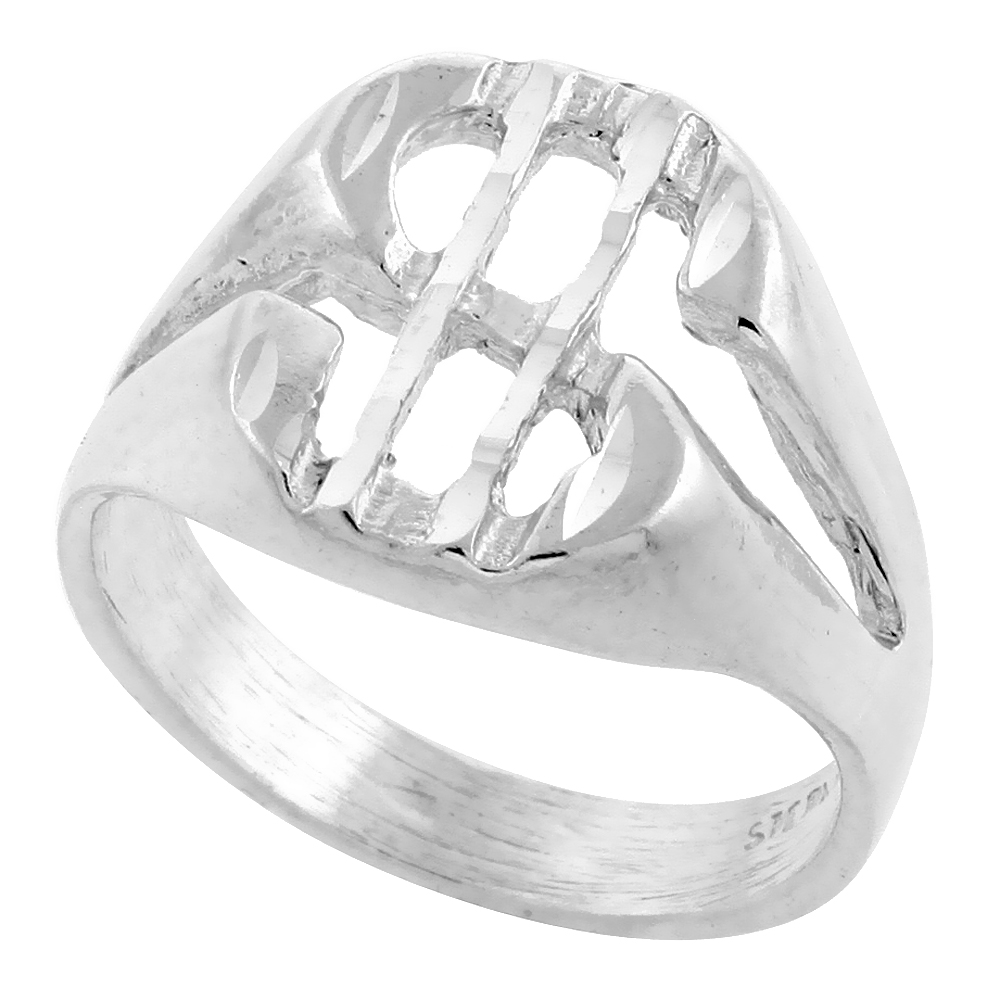 Sterling Silver Dollar Sign Ring Oval Shape Diamond Cut Finish 9/16 inch wide, sizes 8 - 13
